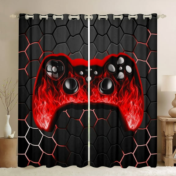 Castle Fairy Gradient Gamer Boy Black Out Curtains,Video Game Curtains Pack of 2 (42x63 Each),Geometric Hexagon Bedroom Curtains,Microfiber Bedroom Decor