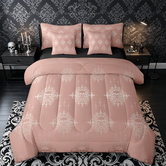 Castle Fairy Gradient Gothic Skull King Bedding 7pcs,Boho Hippie Damask King Bed in a Bag,Dusty Blush,Black Reversible