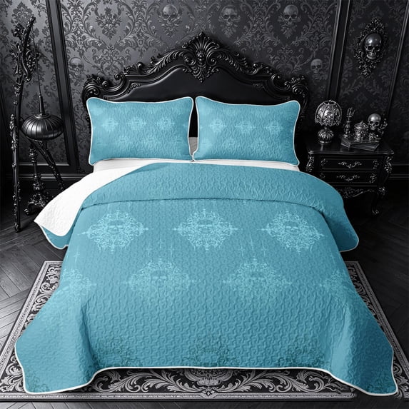 Castle Fairy Gradient Gothic Skull Quilt Full,Boho Hippie Damask Full Bedspread Sets,Aqua Cyan