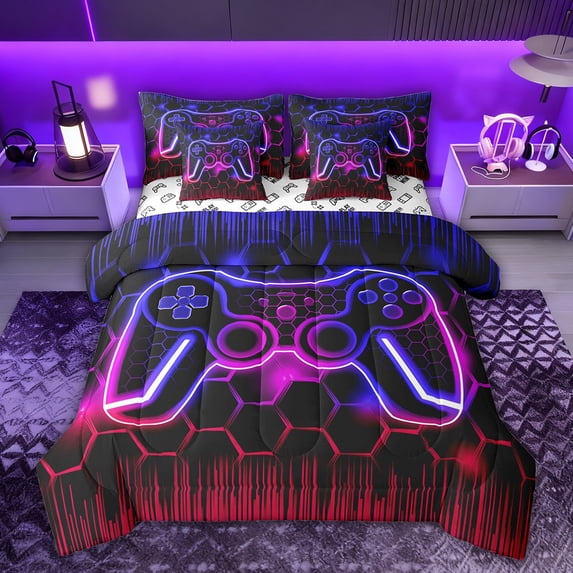 Castle Fairy Gradient Hexagon Gamer Bedding Comforter Set,Stripes King Bedding Sets