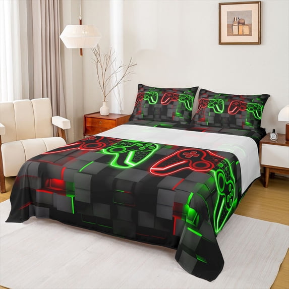 Castle Fairy Gradient Hexagon Gamer Queen Sheet Sets,Abstract Video Game Bed Set