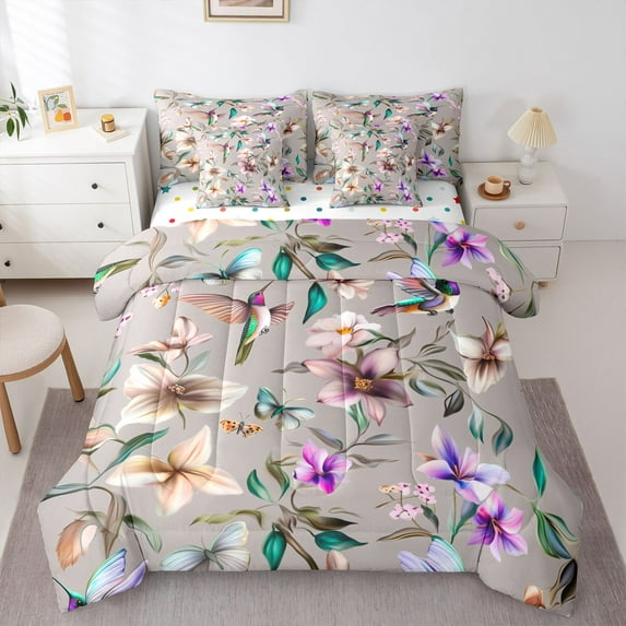 Castle Fairy Gradient Hummingbird Bedding Comforter Set,Vintage Flowers Full Bedding Set