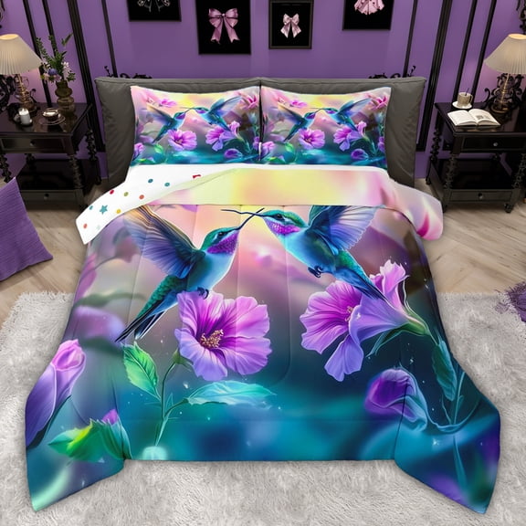 Castle Fairy Gradient Hummingbird Twin Comforter Sets,Purple Floral Flowers Bedding Set