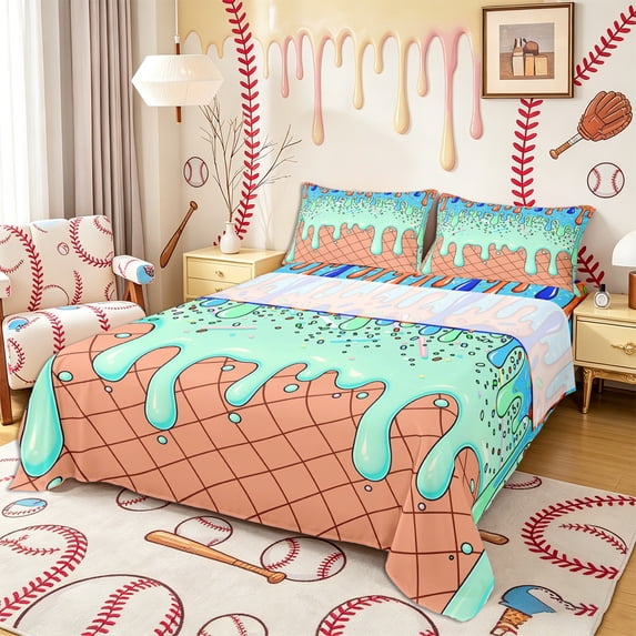 Castle Fairy Gradient Ice Cream King Sheets 4pcs, Dessert Drip Bedding, Blue Green Orange,1 Fitted Sheet, 1 Flat Sheet and 2 Pillowcases