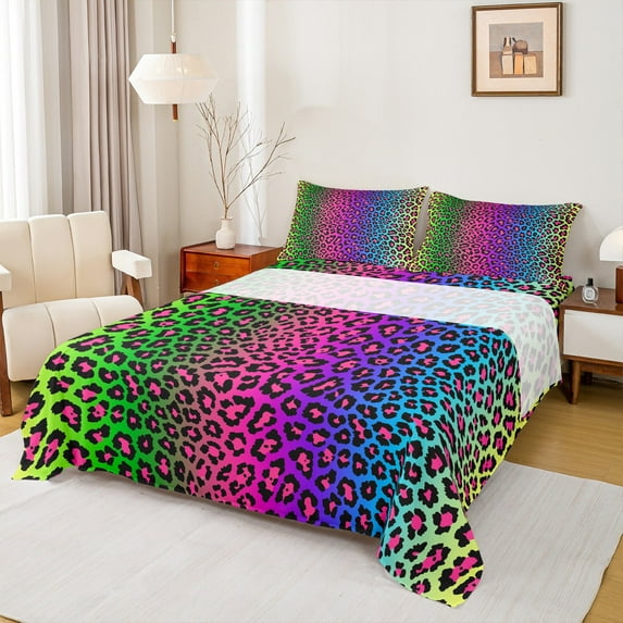 Castle Fairy Gradient Leopard Print 4 Pieces Queen Sheet Sets for Kids Teens,Animal Cheetah Print Ultra Soft Flat Sheet,Vintage Abstract Ombre Queen Fitted Sheet,Ultra Soft Home Decor