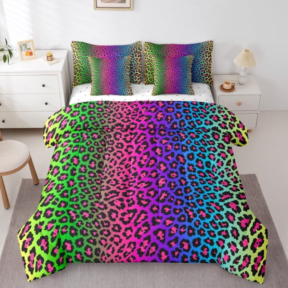 Castle Fairy Gradient Leopard Print Bedding Comforter Set 7-Piece for Kids Teens,Animal Cheetah Print King Bedding Sets,Vintage Abstract Ombre Ultra Soft Bed Sheets,Ultra Soft Home Decor,Reversible