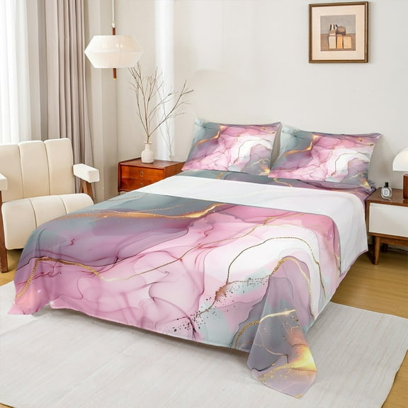Castle Fairy Gradient Marble 3pcs Twin Sheet Sets,Gold Metallic Twin Fitted Sheet,Abstract Watercolor Breathable Flat Sheet,Super Cozy Marbling Room Decor