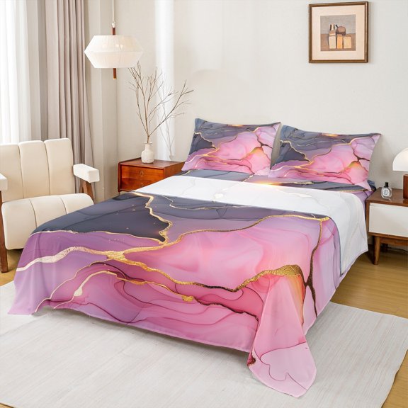 Castle Fairy Gradient Marble 4pcs Bed Sheets,Gold Metallic King Sheets,Abstract Watercolor Super Cozy Sheet Set,Super Cozy Marbling Room Decor