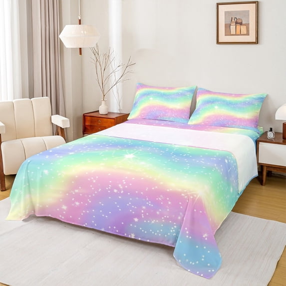 Castle Fairy Gradient Rainbow 3pcs Twin Sheet Sets,Starry Sky Twin Fitted Sheet,Watercolor Artwork Breathable Flat Sheet,Luxury Ombre Bedroom Decor