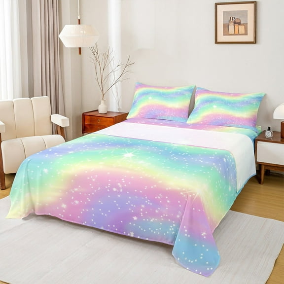 Castle Fairy Gradient Rainbow 3pcs Twin Sheet Sets,Starry Sky Twin Fitted Sheet,Watercolor Artwork Breathable Flat Sheet,Luxury Ombre Bedroom Decor