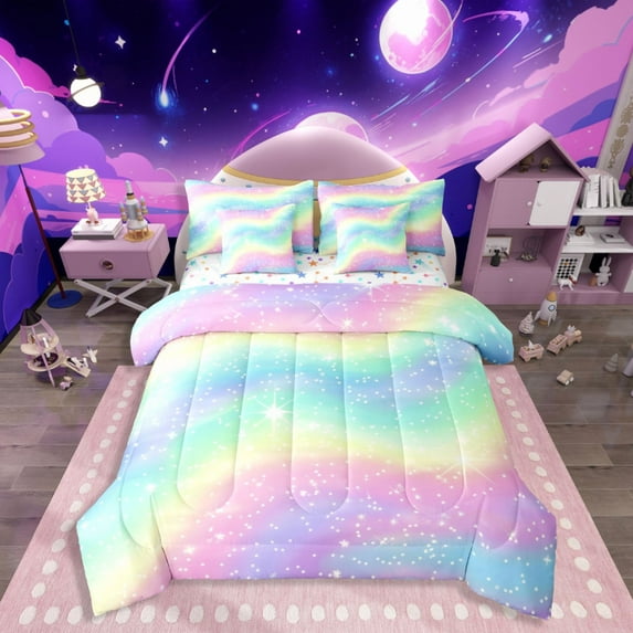 Castle Fairy Gradient Rainbow 7-Piece Bedding Comforter Set,Starry Sky King Bedding Sets,Watercolor Artwork Ultra Soft Bed Sheets,Luxury Ombre Bedroom Decor,Reversible