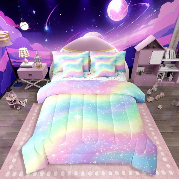Castle Fairy Gradient Rainbow 7pcs Bedding Comforter Set,Starry Sky Queen Bedding Sets Super Cozy,Watercolor Artwork Queen Sheet Sets,Luxury Ombre Bedroom Decor,Reversible