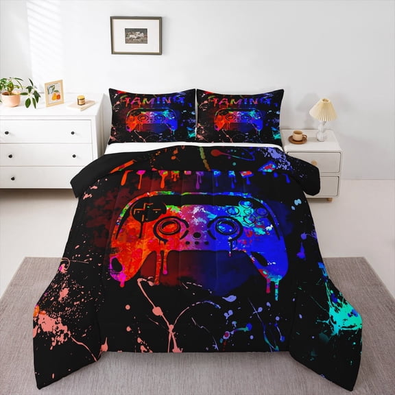 Castle Fairy Gradient Video Game Twin Comforter Sets,Abstract Ombre Gamer Bedding Set