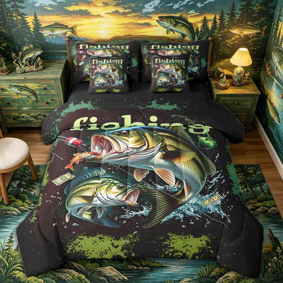 Castle Fairy Graffiti Bass Fish Art King Bedding 7pcs,Splash Fishing Tackle Graphic King Bed in a Bag,Green Brown,Black Reversible