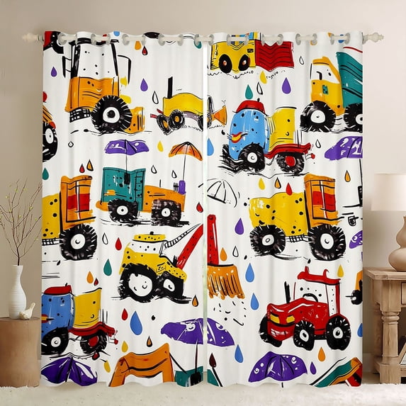 Castle Fairy Graffiti Cartoon Engineering Truck Blackout Curtains Set of 2 (52x84 Each) for Toddlers, Umbrella Raindrop Window Curtains for Bedroom, Yellow Red