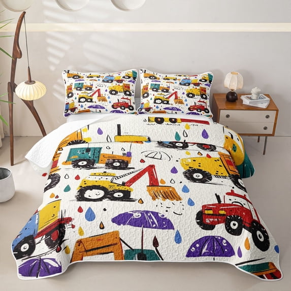 Castle Fairy Graffiti Cartoon Engineering Truck Twin Quilt Set,Umbrella Raindrop Twin Coverlet Set for Bedroom,Yellow Red