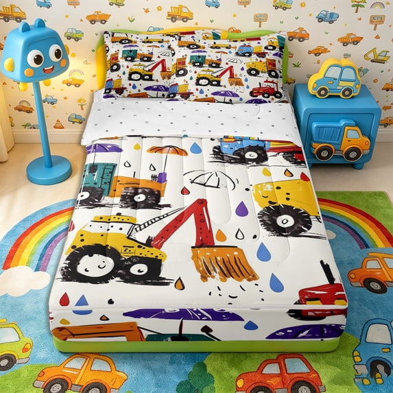 Castle Fairy Graffiti Cartoon Engineering Truck Zipper Full Size Comforter Sets with Fitted Sheet and 2 Pillowcases,Umbrella Raindrop Zipper Bedding Set for Bedroom,Yellow Red,4pcs,Reversible