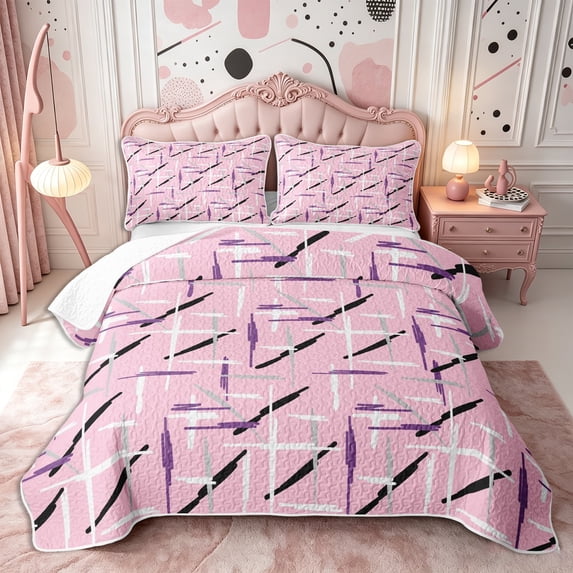 Castle Fairy Graffiti Cross Line Bed Spread Queen 3pcs,Abstract Minimalist Stripes Queen Coverlet Set,Pink Purple Black,1 Quilt and 2 Pillowcases