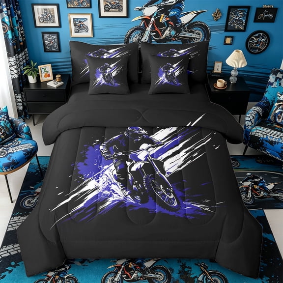 Castle Fairy Graffiti Dirt Bike Bedding Comforter Set 7pcs for Teens, Purple Splash Art Queen Bedding Sets for Bedroom, Purple Black,Black Reversible