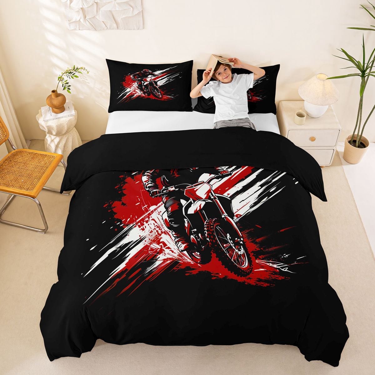 Castle Fairy Graffiti Dirt Bike Duvet Cover Set for Kids, Red Splash ...