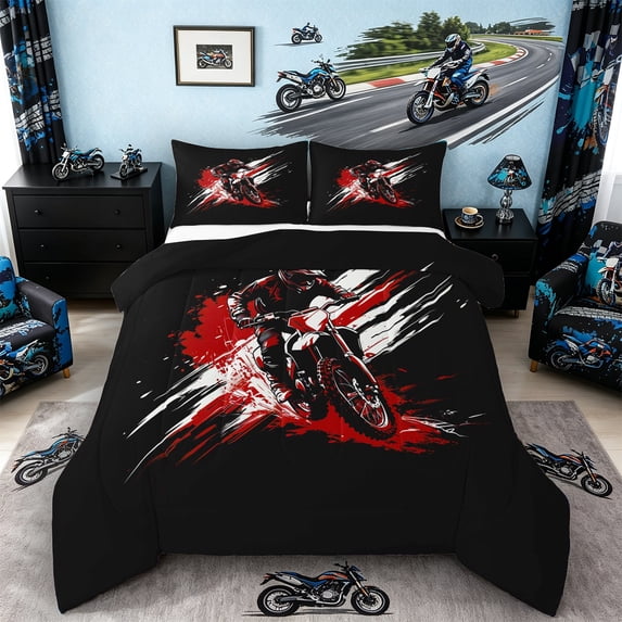 Castle Fairy Graffiti Dirt Bike Full Size Comforter Sets 3 Pieces for Kids, Red Splash Design Bedding Sets for Bedroom, Red Black,Black Reversible