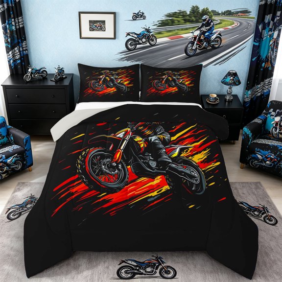 Castle Fairy Graffiti Dirt Bike Rider Queen Comforter Set 3pcs for Kids, Red Splash Print Bedding Comforter Set for Bedroom, Red Yellow,Grey Reversible