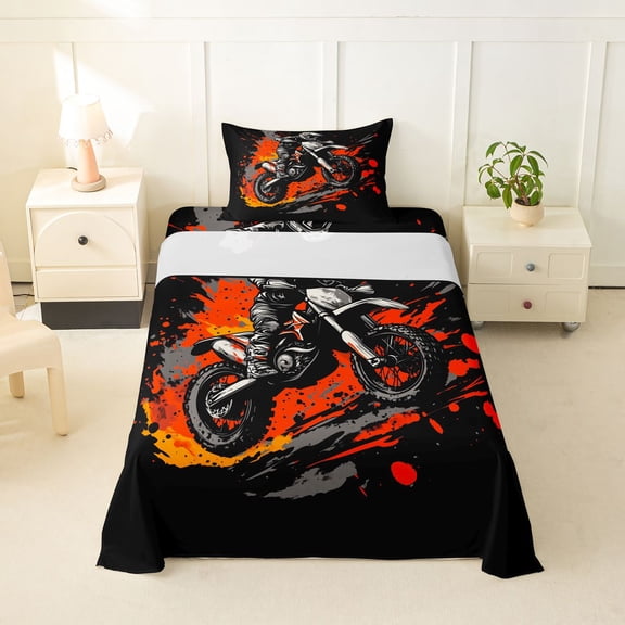 Castle Fairy Graffiti Dirt Bike Rider Twin Sheet Sets 3pcs for Teens, Orange Splash Art Bedding for Bedroom, Orange Black