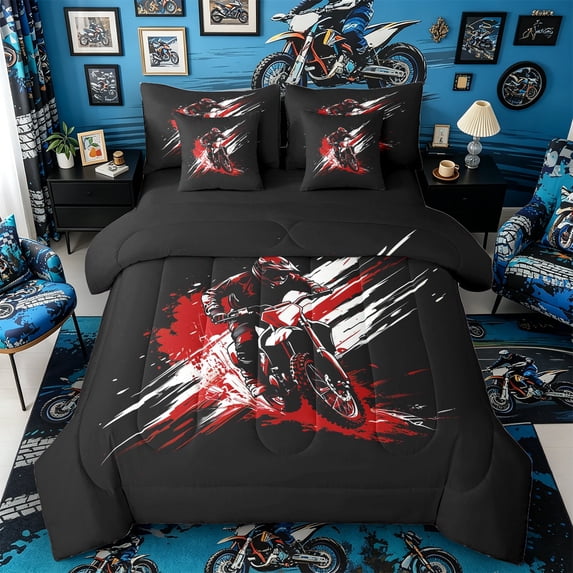 Castle Fairy Graffiti Dirt Bike Twin Bedding Sets 7-Piece for Kids, Red Splash Design Bedding Comforter Set for Bedroom, Red Black,Black Reversible
