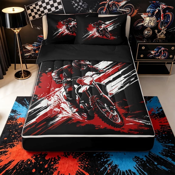 Castle Fairy Graffiti Dirt Bike Zipper Full Size Comforter Sets with Fitted Sheet and 2 Pillowcases,Red Splash Design Zipper Bedding Set for Bedroom,Red Black,4pcs,Black Reversible