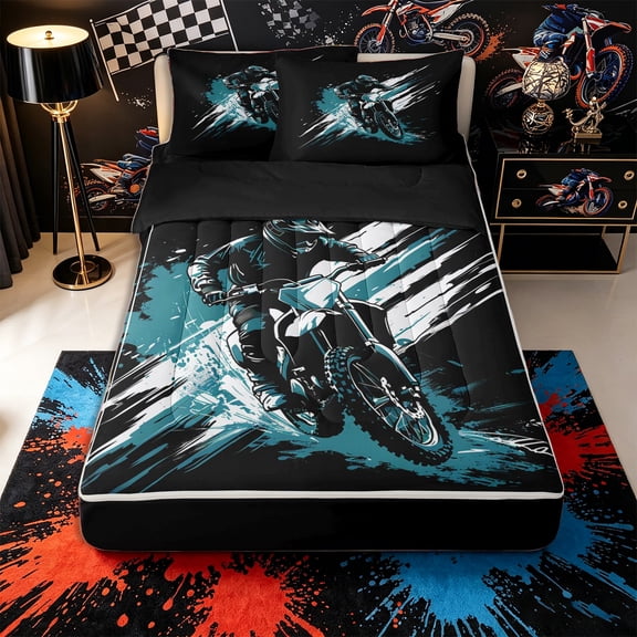 Castle Fairy Graffiti Dirt Bike Zipper Twin Comforter Sets with Fitted Sheet and 2 Pillowcases for Boys,Teal Splash Print Zipper Bedding Set for Bedroom,Teal Black,4-Piece,Black Reversible