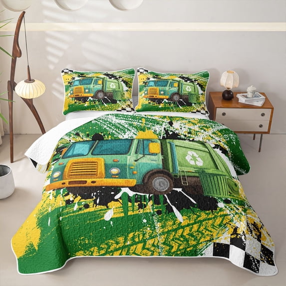 Castle Fairy Graffiti Garbage Truck Twin Quilt Set for Boys,Splash Art Twin Coverlet Set for Bedroom,Green Yellow