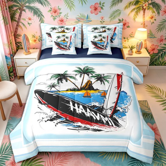 Castle Fairy Graffiti Miami Surf Island 7-Piece Twin Bedding,Palm Sailboat Striped Border Art Bedding Comforter Set,Red Sky,Navy Blue Reversible