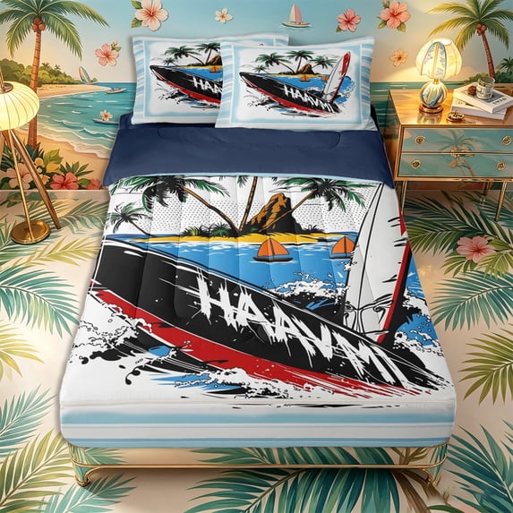 Castle Fairy Graffiti Miami Surf Island Zipper Full Size Comforter Sets with Fitted Sheet and 2 Pillowcases,Palm Sailboat Striped Border Art Zipper Bedding Set,Red Sky,Navy Blue Reversible,4pcs