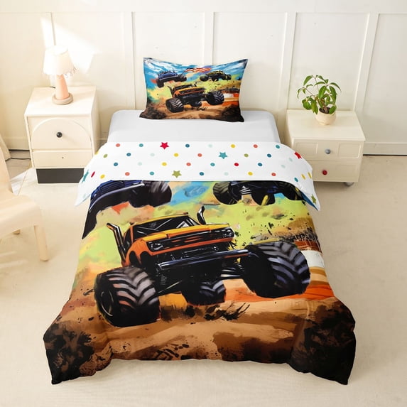 Castle Fairy Graffiti Monster Truck Twin Bedding for Kids, Checkered Race Flag Duvet Cover Set for Nursery, orange green,2pcs,No Comforter