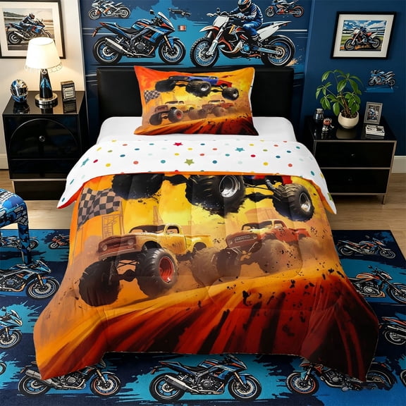 Castle Fairy Graffiti Monster Truck Twin Comforter Sets 3-Piece for Teens, Off-Road Racing Bedding Set for Bedroom, Fiery Orange Red