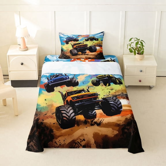Castle Fairy Graffiti Monster Truck Twin Sheet Sets 3pcs for Kids, Checkered Race Flag Bedding for Nursery, orange green