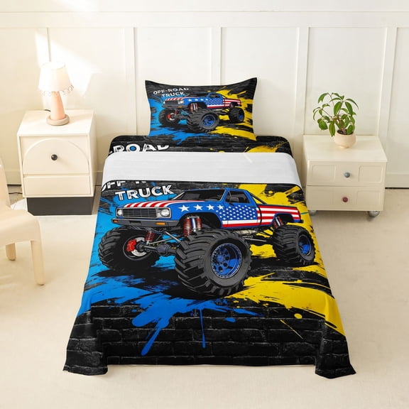 Castle Fairy Graffiti Monster Truck Twin Sheet Sets 3pcs for Teens, American Flag Print Bedding for Boys Bedroom, Red Blue