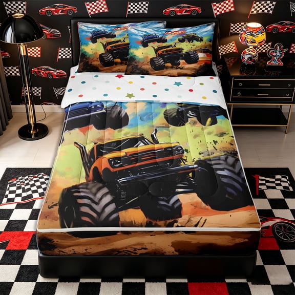Castle Fairy Graffiti Monster Truck Zipper Full Size Comforter Sets with Fitted Sheet and 2 Pillowcases,Checkered Race Flag Zipper Bedding Set,orange green,4pcs,Reversible