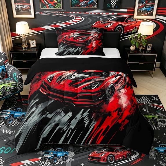 Castle Fairy Graffiti Red Sports Car Twin Comforter Sets 3-Piece for Teens, Splatter Print Bedding Set for Bedroom, Red Black,Black Reversible