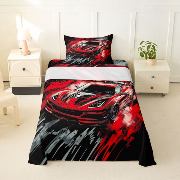 Castle Fairy Graffiti Red Sports Car Twin Sheet Sets 3pcs for Teens, Splatter Print Bedding for Bedroom, Red Black