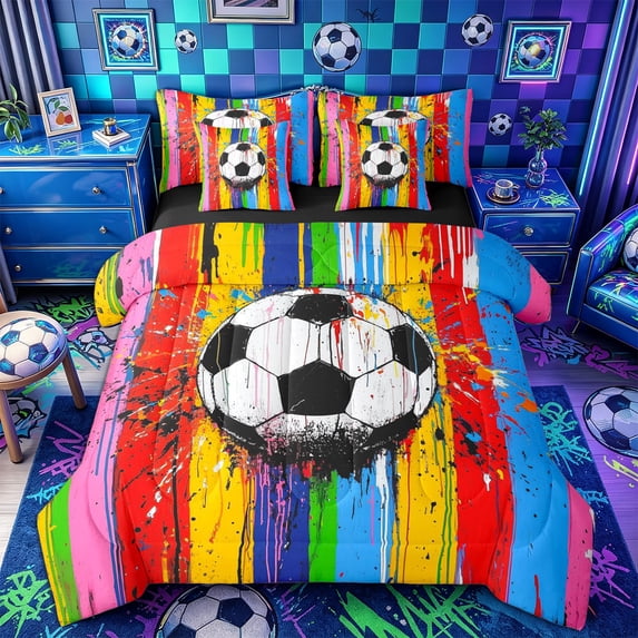 Castle Fairy Graffiti Soccer King Bedding 7pcs, Rainbow Stripes Splash King Bed in a Bag, Red Green Yellow,Black Reversible