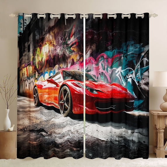 Castle Fairy Graffiti Sports Car Curtains Pack of 2 (42x84 Each) for Kids, Urban Wall Print Curtains Blackout for Bedroom, Red Black