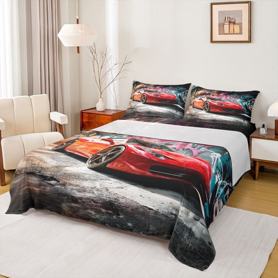 Castle Fairy Graffiti Sports Car Queen Sheet Sets 4 Pieces for Kids, Urban Wall Print Bed Set for Bedroom, Red Black
