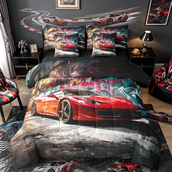 Castle Fairy Graffiti Sports Car Twin Bedding Sets 7-Piece for Kids, Urban Wall Print Bedding Comforter Set for Bedroom, Red Black,Black Reversible