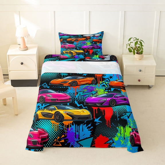 Castle Fairy Graffiti Sports Car Twin Sheet Sets 3pcs for Teens, Splatter Race Bedding for Bedroom, Blue Pink