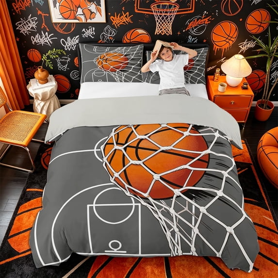 Castle Fairy Gray Basketball Hoop Print Bedding, Court Line Design Duvet Cover Full, Gray Orange White,Grey Reversible,3pcs,1 Duvet Cover and 2 Pillowcases