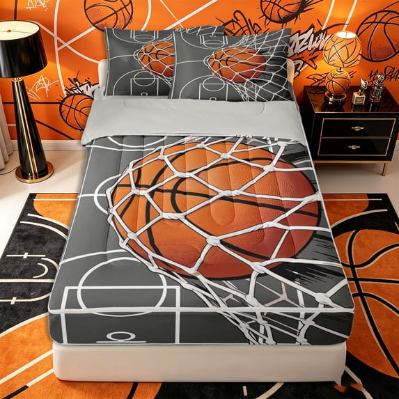 Castle Fairy Gray Basketball Hoop Print Zipper Full Size Comforter Sets with Fitted Sheet and 2 Pillowcases, Court Line Design Zipper Bedding Set, Gray Orange White,4pcs,Grey Reversible