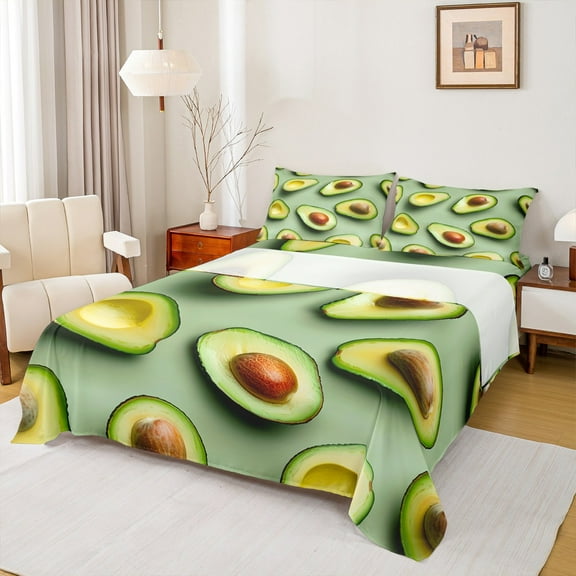 Castle Fairy Green Avocado 4 Pieces Queen Sheet Sets,Tropical Fruit Ultra Soft Flat Sheet,Fresh Fruit Queen Fitted Sheet,Lightweight Kawaii Room Decor
