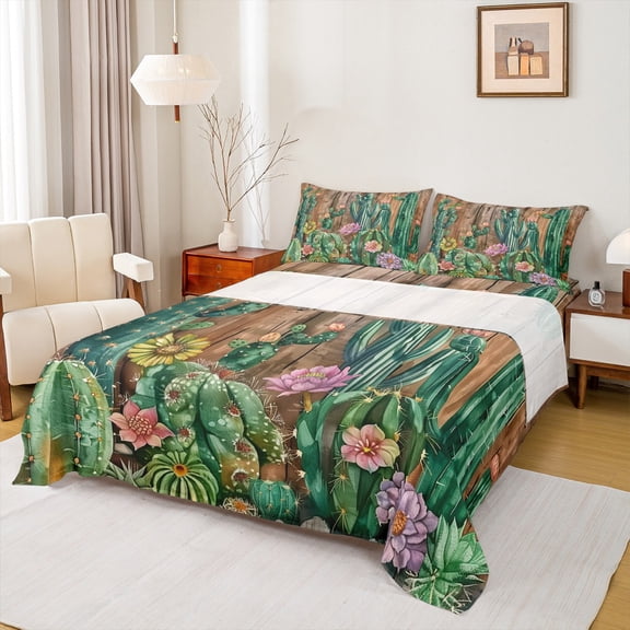 Castle Fairy Green Cactus Bed Sheets for Teens,Vintage Western King Sheets