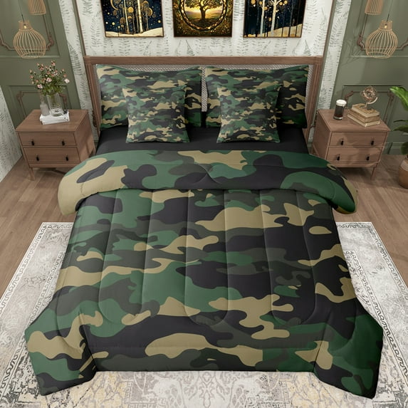 Castle Fairy Green Camo Bedding Comforter Set 7-Piece for Kids Children Teens,Plaid Camouflage King Bedding Sets,Abstract Geometric Ultra Soft Bed Sheets,Super Cozy Room Decor,Reversible